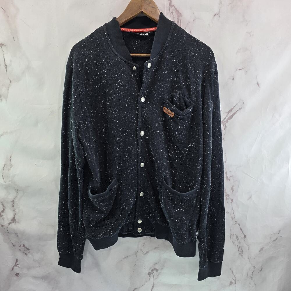 Maloja Sweatshirt Mens Medium Black Bomber Snap Jacket Speckled Fleck Speck